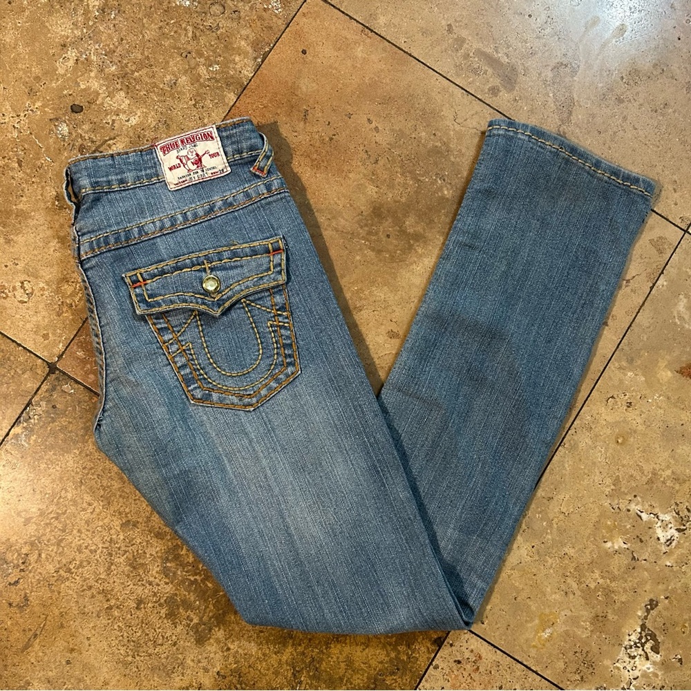 Vintage Style True Religion Gold Gem Tan Thread Medium Wash Lowrise Jeans